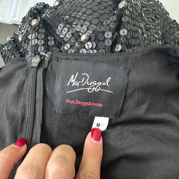 Mac Duggal Sequined Faux Wrap Puff Sleeve Trumpet Black Gown 8 #8507 - Picture 6 of 8